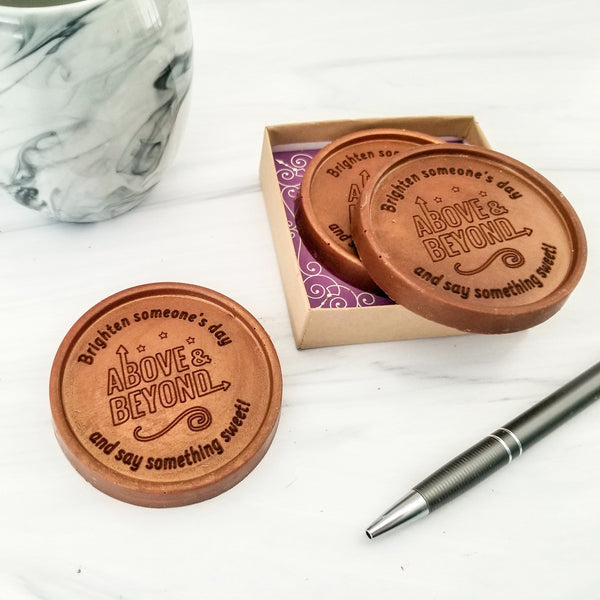Noteworthy Chocolates Greetings Above and Beyond Personalized Chocolate Medallions - Box of 3 Personalized