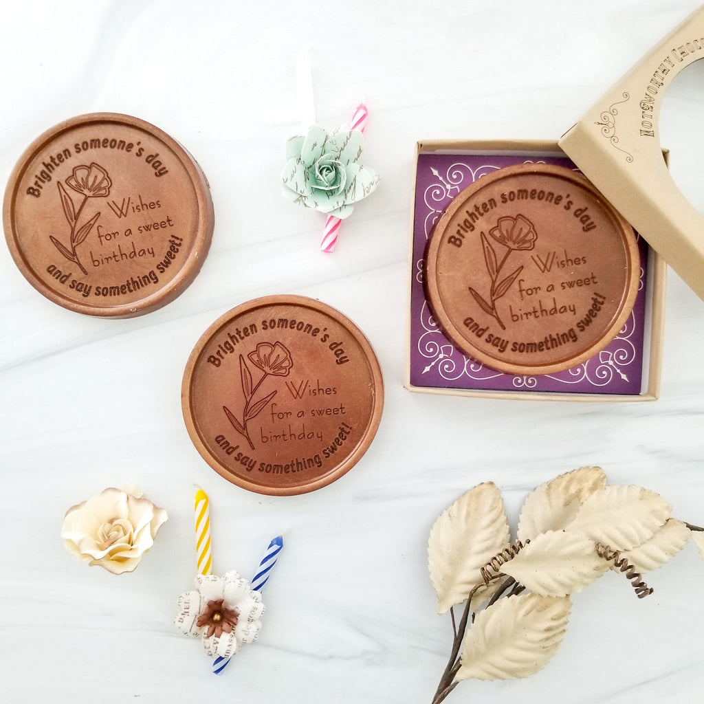 Noteworthy Chocolates Greetings Birthday Flowers Personalized Chocolate Medallions - Box of 3 Personalized