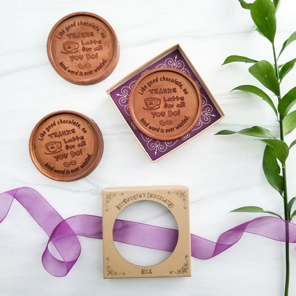 Noteworthy Chocolates Greetings Thanks A Latte Personalized Chocolate Medallions - Box of 3 Personalized