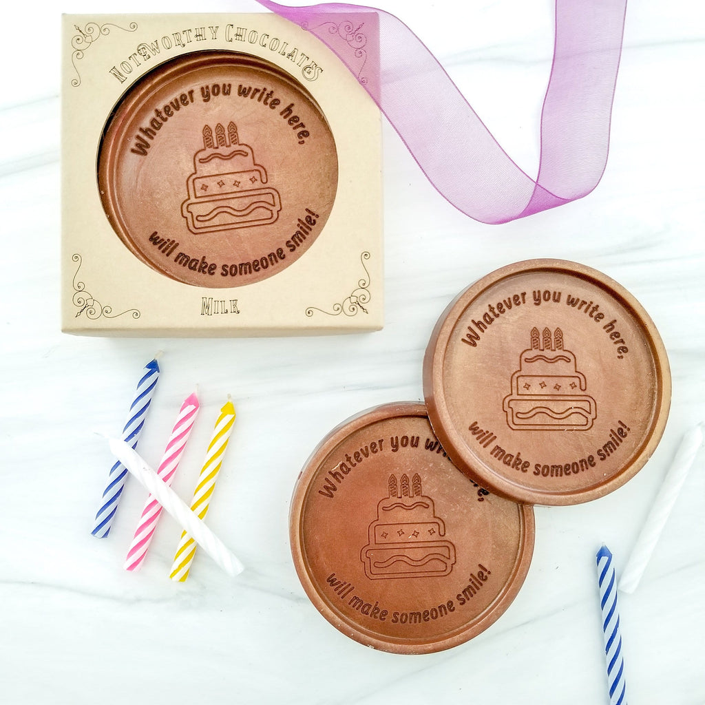 Noteworthy Chocolates Greetings Birthday Cake Personalized Chocolate Medallions - Box of 3 Personalized
