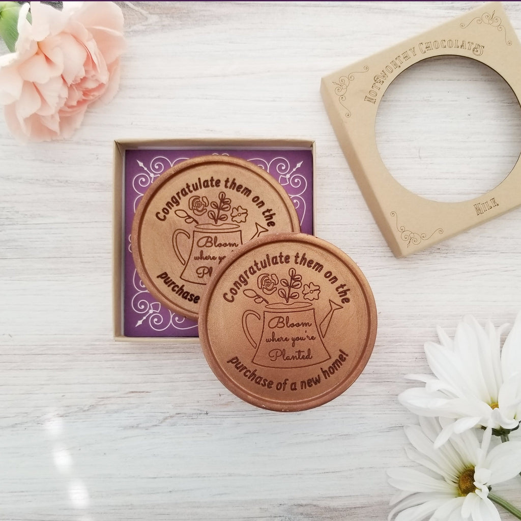 Noteworthy Chocolates Greetings Bloom Where You're Planted Personalized Chocolate Medallions - Box of 3 Personalized custom