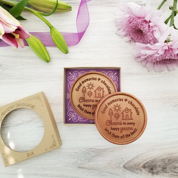 Noteworthy Chocolates Greetings Cheers To Many Happy Years Personalized Chocolate Medallions - Box of 3 Personalized custom