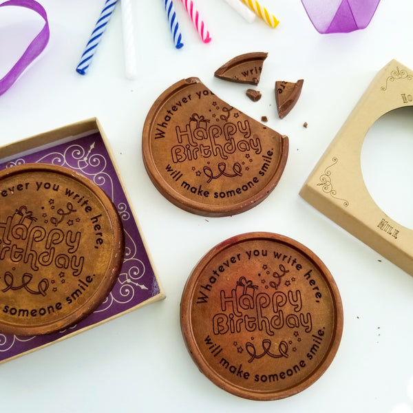 Noteworthy Chocolates Greetings Happy Birthday Personalized Chocolate Medallions - Box of 3 Personalized custom