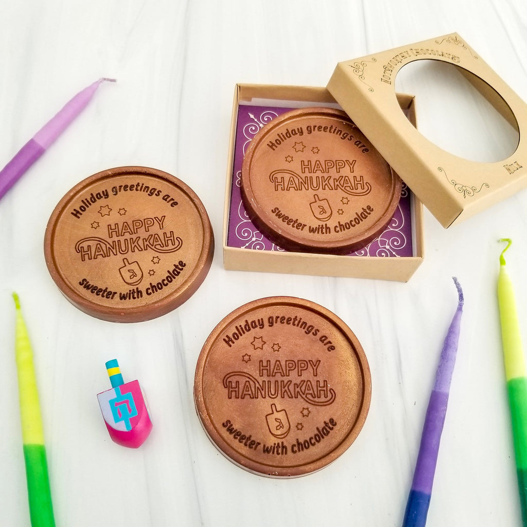 Noteworthy Chocolates Greetings Happy Hanukkah Stars Personalized Chocolate Medallions - Box of 3 Personalized custom