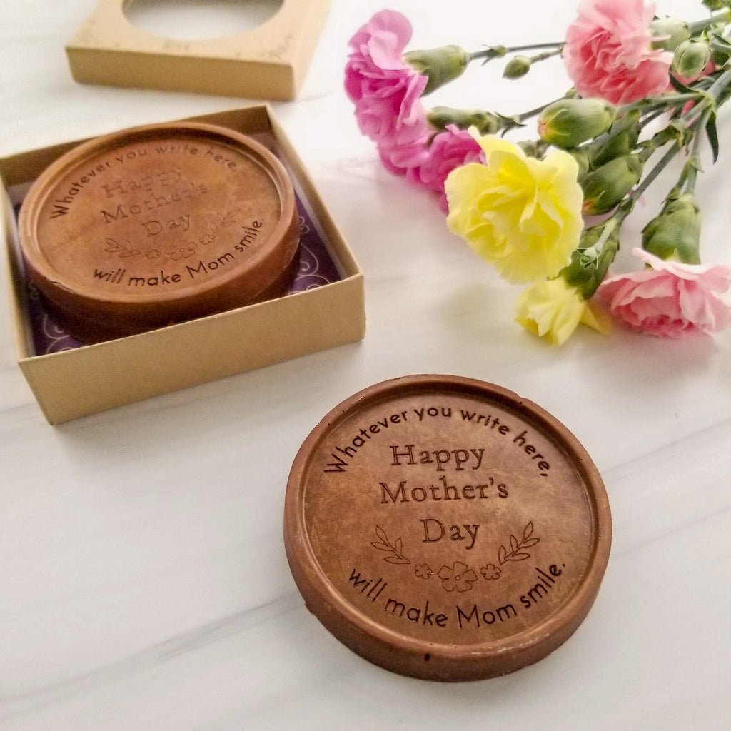 Noteworthy Chocolates Greetings Happy Mother's Day Flowers Chocolate Medallions - Box of 3 Personalized custom