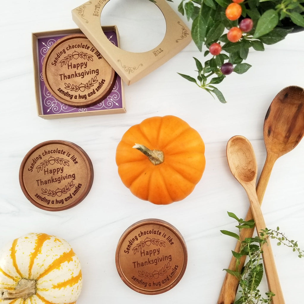 Noteworthy Chocolates Greetings Happy Thanksgiving Personalized Chocolate Medallions - Box of 3 Personalized