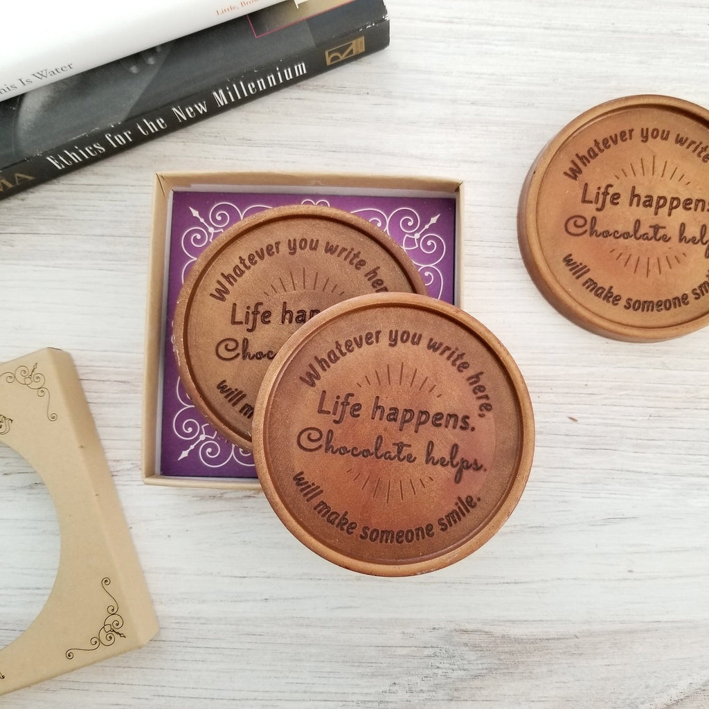 Noteworthy Chocolates Greetings Life Happens Personalized Chocolate Medallions - Box of 3 Personalized