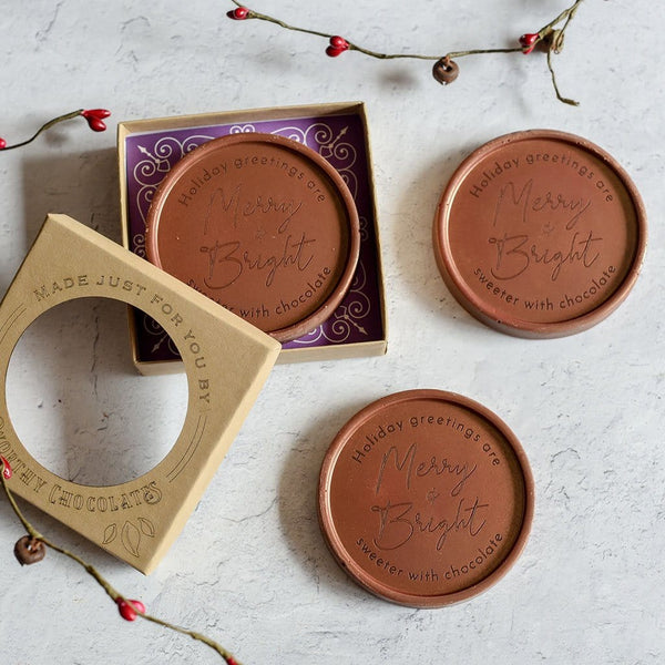 Merry and Bright Personalized Chocolate Medallions - Box of 3 Personalized custom custom engraved chocolate