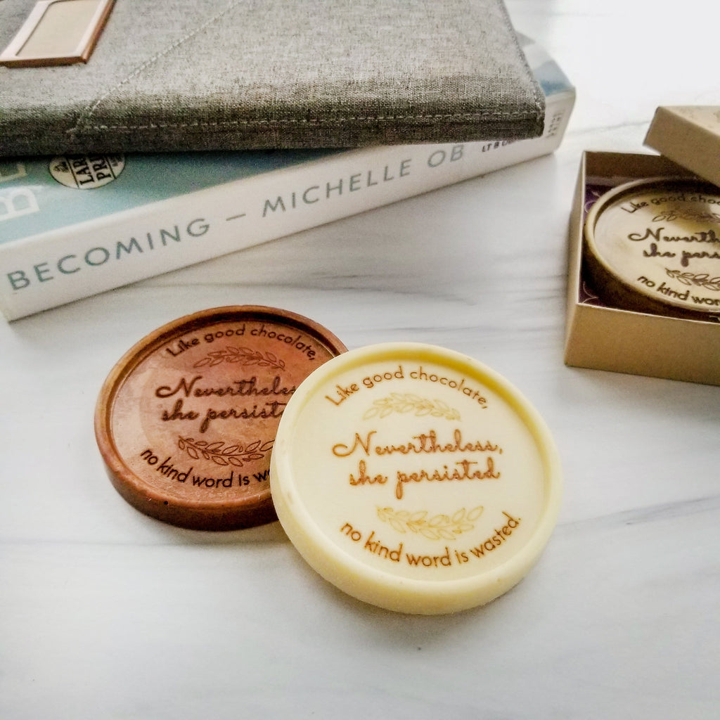 Noteworthy Chocolates Greetings Nevertheless, She Persisted Personalized Chocolate Medallions - Box of 3 Personalized custom