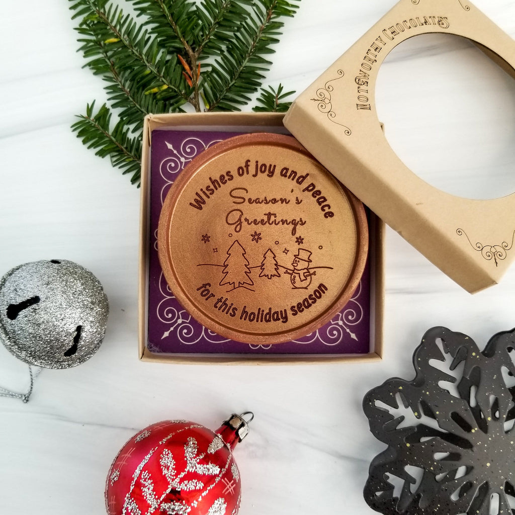 Noteworthy Chocolates Greetings Season's Greetings Snowman Personalized Chocolate Medallions - Box of 3 Personalized