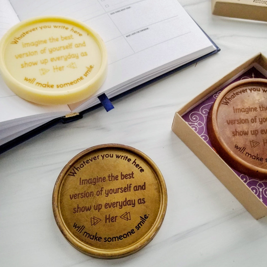 Noteworthy Chocolates Greetings Show Up Every Day Personalized Chocolate Medallions - Box of 3 Personalized custom