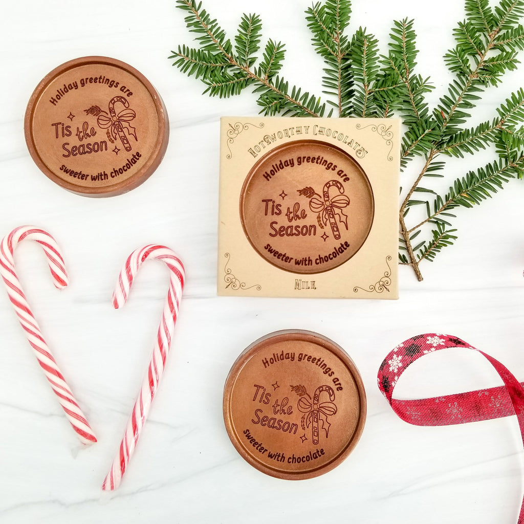 Noteworthy Chocolates Greetings Tis The Season Personalized Chocolate Medallions - Box of 3 Personalized